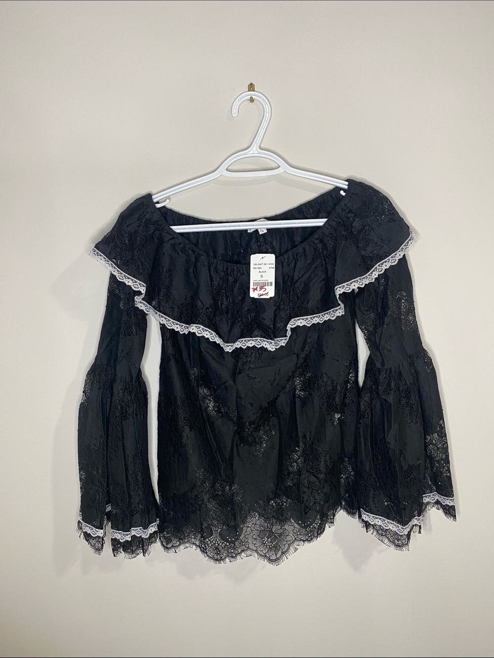 Black Lace Off-Shoulder Blouse with White Trim